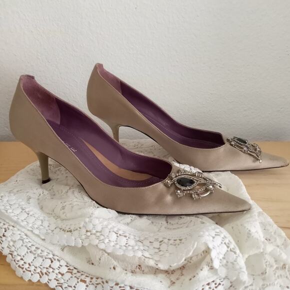 Vintage LERRE RYKIEL Pumps Swarovski SZ 39 * 8.5 Taupe Satin Heels RARE COLAB - Picture 9 of 9